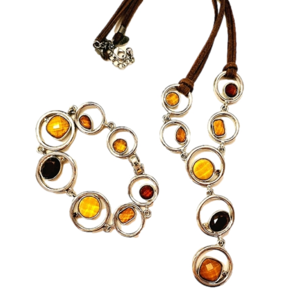 Lia Sophia Bracelet and Necklace Set Retired "Alex" Leather Circles Brown